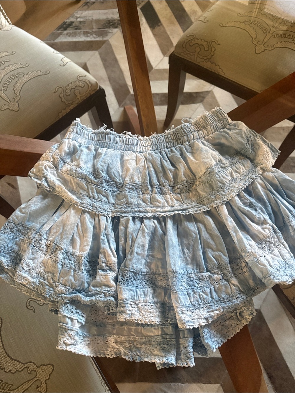 LoveShackFancy Light Blue Tiered Mini Skirt